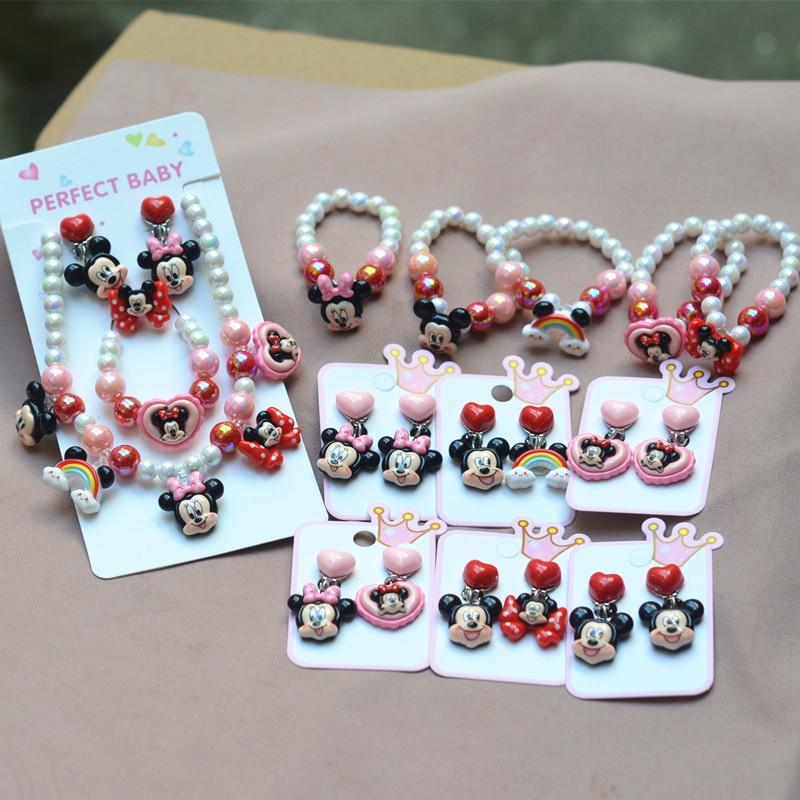 New Children's Mickey and Minnie Cartoon Cute Mickey Mouse Set for Girls, Including Necklace, Bracelet, Earrings, and Ring Set