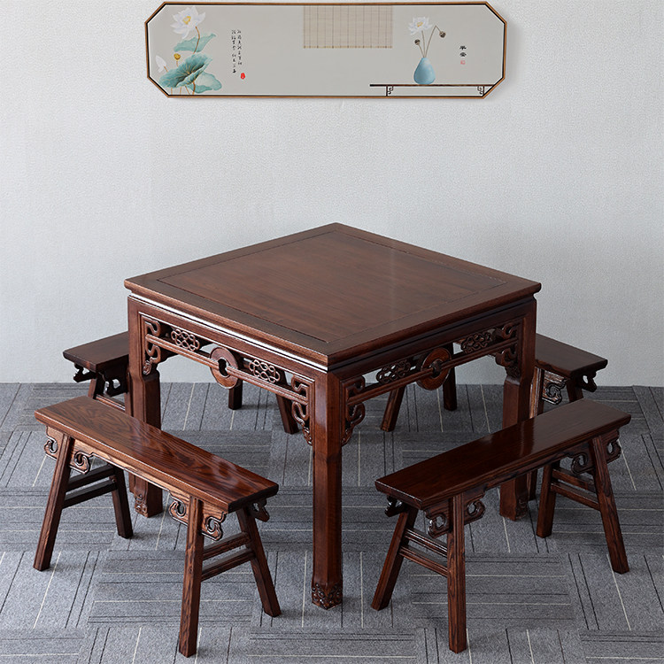 Chinese-style all solid wood Baxian table elm dining table and chair combination antique small square table Ming and Qing classical restaurant hotel table and chair