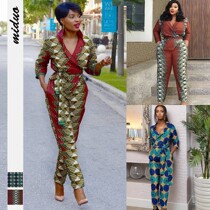 Womens Printed V-Neck Sexy Zip Jumpsuit