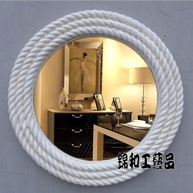 American Country European American Retro White Decoration Mirror Mediterranean Hemp Rope Round Bathroom Bathroom Mirror