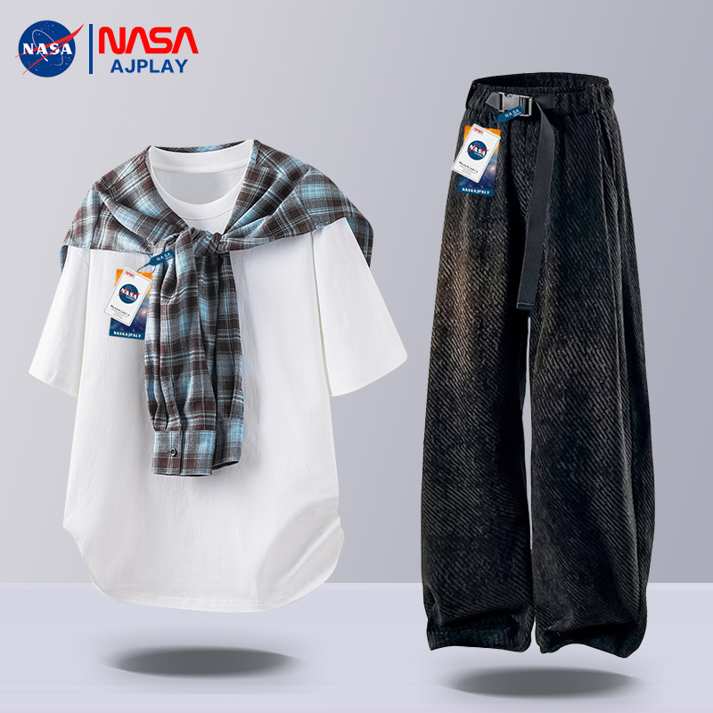 Nasa Ajplay Summer New Pure Color Short-Sleeved Plaid Shawl Complete Set of Men's Casual Sports Suit for Men