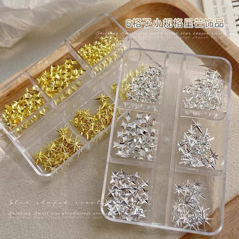 New Mini Starburst Nail Art Decorations, Gold and Silver Four-Pointed Star Rhinestones, Small Metal Star Nail Decorations