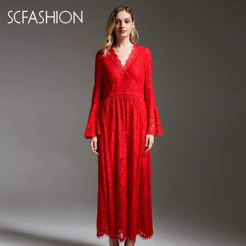 Scfashion Women's Red Lace Cut Out Long V Neck Dress Wedding Festive Banquet Style Spring, Autumn, Summer and Winter Scfashion Women's Red Lace Cut Out Long V Neck Dress Wedding Festive Banquet Style Spring, Autumn, Summer and Winter