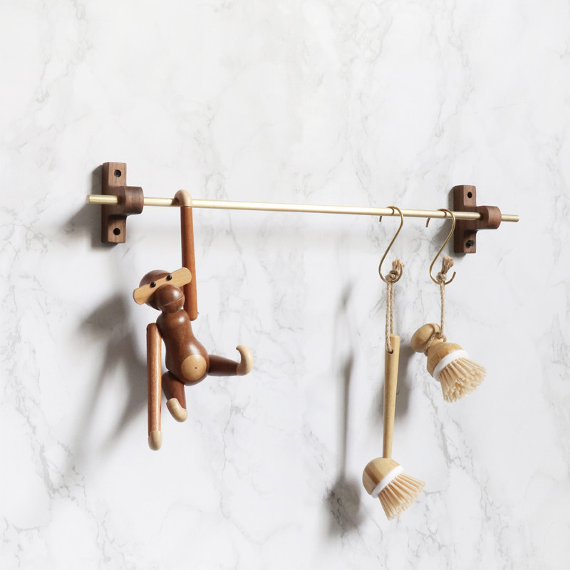 Brass hanging rod Nordic ins solid wood base brass hook kitchen hanger powder room bathroom towel rack single rod