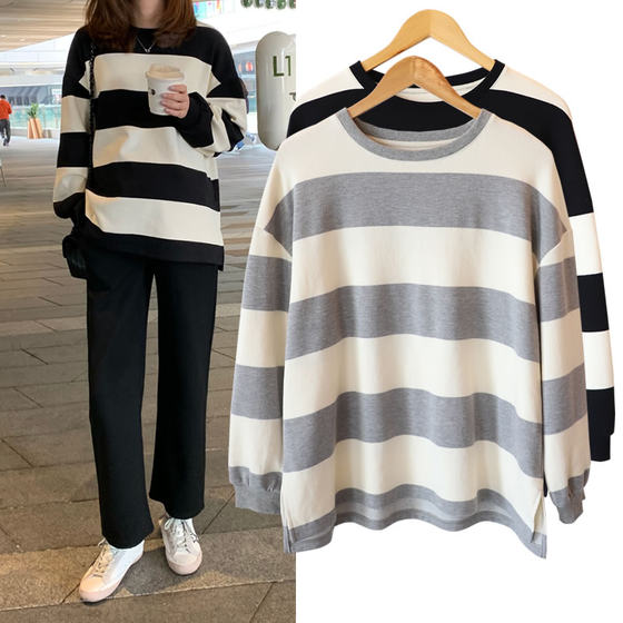 Maternity spring clothing, spring and autumn long-sleeved tops, fashionable loose mid-length striped t-shirts, sweatshirts, autumn and winter maternity clothing