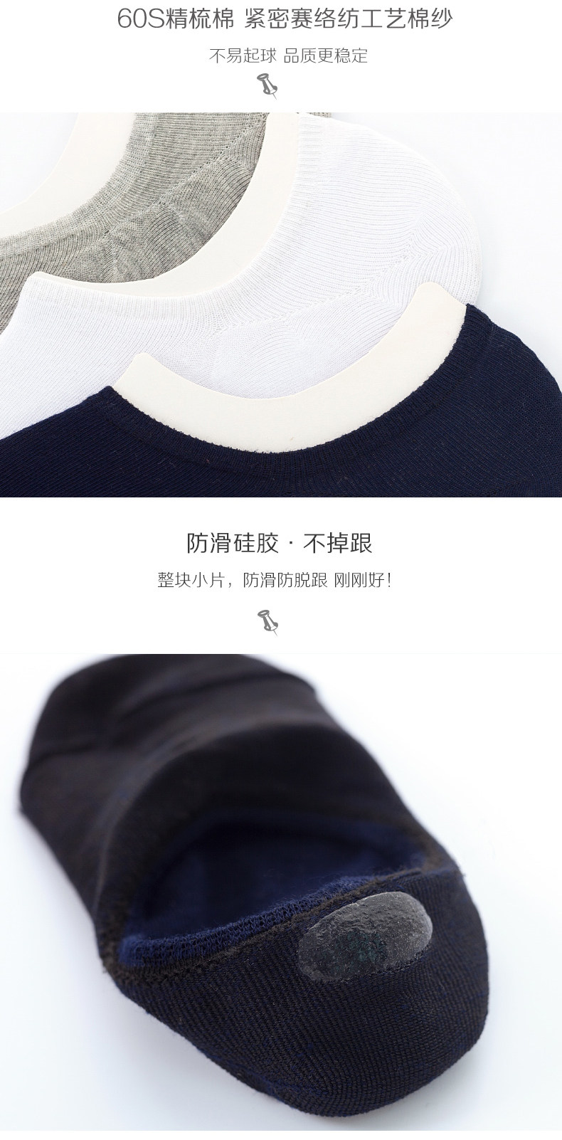 品答 男女款 精梳长绒棉 隐形抗菌船袜 5双 硅胶防滑 图7
