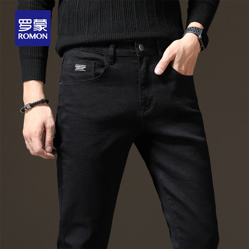 Romon men's black jeans Korean version trendy spring autumn business thickened casual workout with small feet long pants 100 hitch