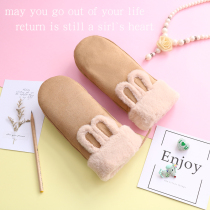 Gloves female winter cute Korean student cartoon warm thick rabbit ears Japanese neck imitation deerskin soft sister