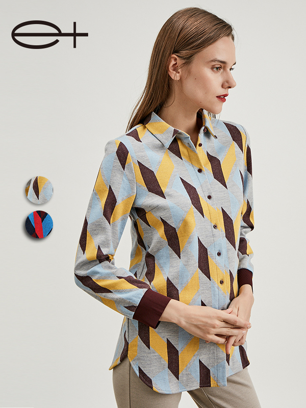 Yijia E+ New Winter Brand Women's Fashion Jacquard Color-Blocking Mid-Length Long-Sleeve Casual Shirt