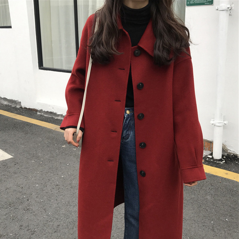Korean Ensemble Superior Red Double Face Cashmere Coat Woman Autumn Winter New Doll Collar Long small sub-fur coat-Taobao