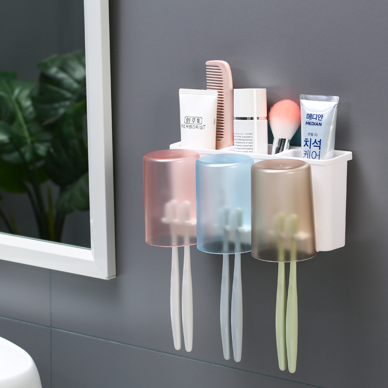 New Multifunctional Toothbrush Rack Storage Suction Wall Set Makeup Room Transparent Mouthwash Cup Couple Home Punch Free