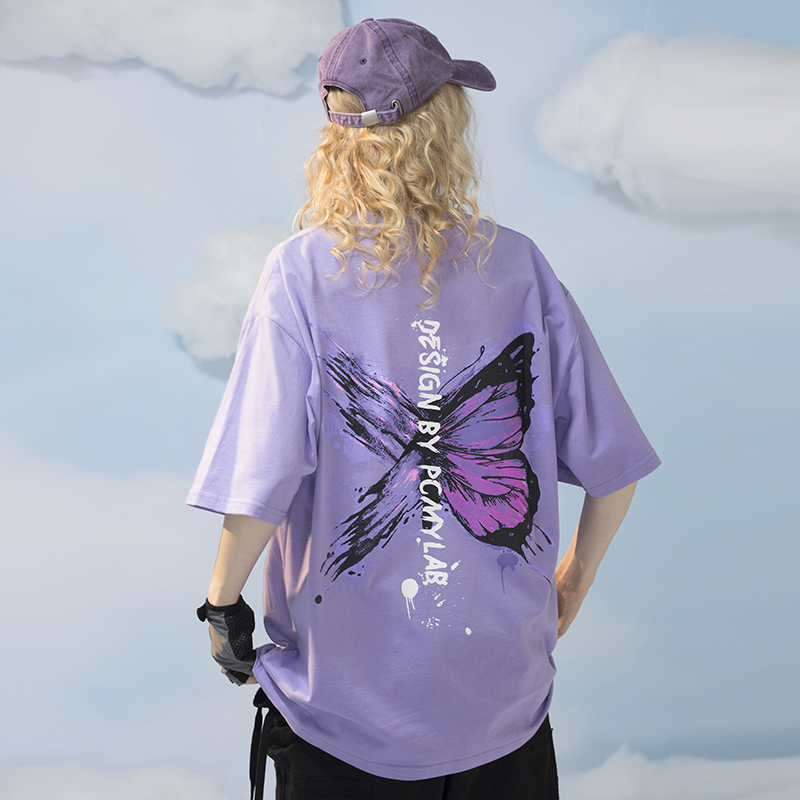 PCMY butterfly painted short-sleeved t-shirt ins tide brand personality Hong Kong style couple Harajuku bf style loose men's and women's t-shirt