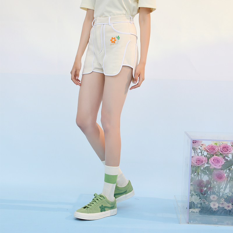 PCMY Flower & Bee Printing Tricolor Shorts Tide Female New Leisure Printing Female Student Lean Trousers