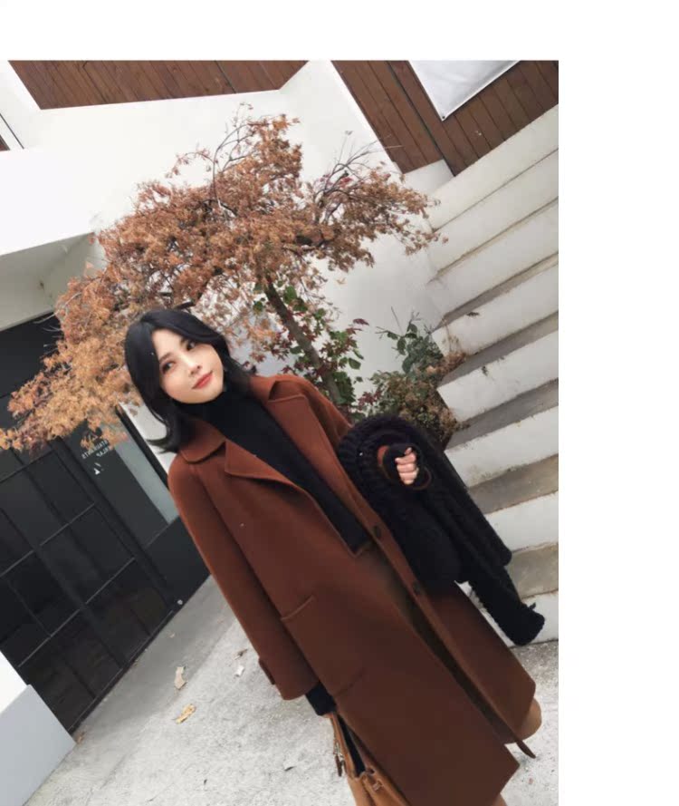 Áo khoác len hai mặt caramel 2018 mùa thu đông dài trên đầu gối dây đeo áo khoác len dày của phụ nữ Hepburn gió áo khoác nữ cao cấp