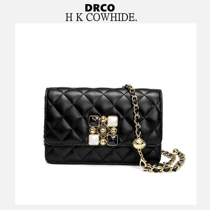 France DRCO women's bag genuine leather 2021 new small scent wind maginin small gold ball chain bag Single shoulder sloped small square bag