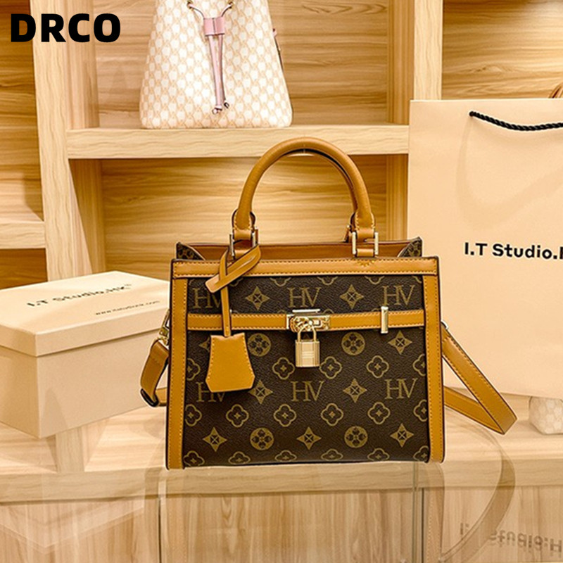 French DRCO leather casual handbag New autumn and winter fashion retro-old flower slope-shoulder tot bag