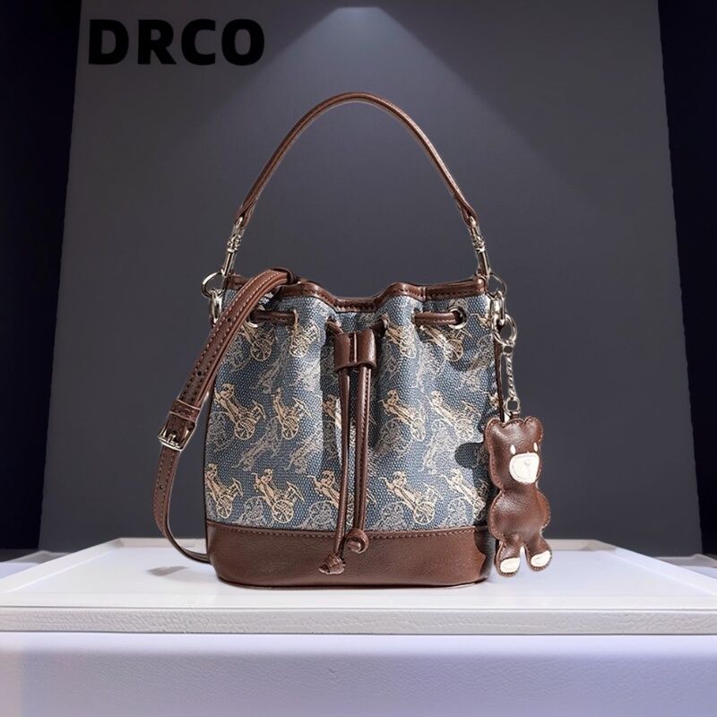 French Drco Genuine Leather Vintage Pattern Bucket Bag, High-End Crossbody Women's Bag, Drawstring Commuter Handbag