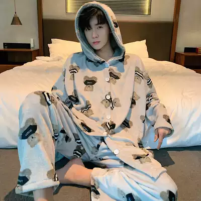 Coral velvet couple pajamas men's autumn and winter thickened plus velvet men's long-sleeved flannel nightgown home service suit