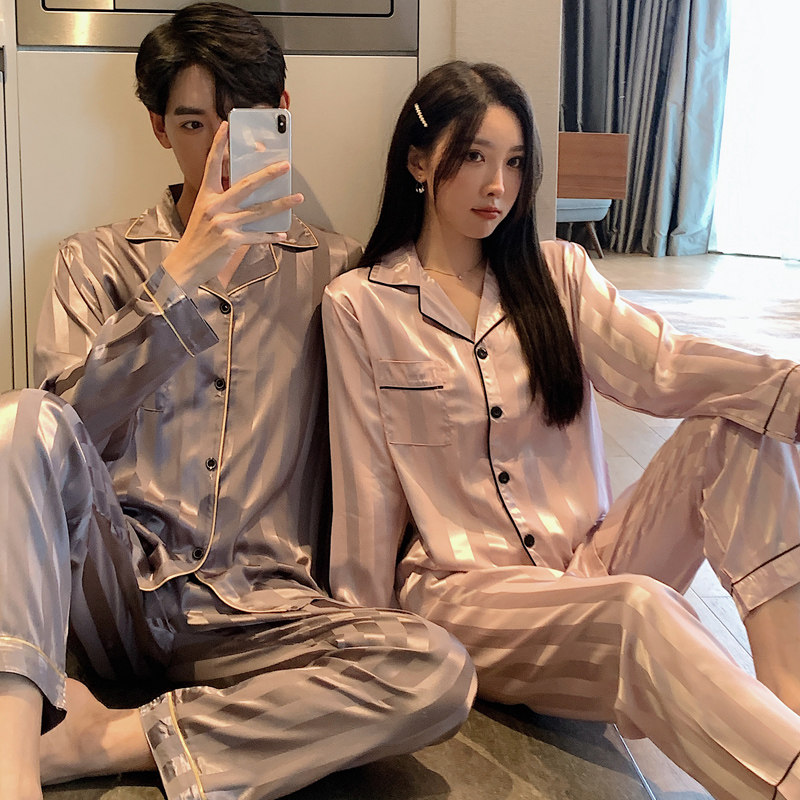 Couples pyjamas women's spring and autumn season long sleeves ice silk thin section 2021 new striped men's autumn and winter day home suits suit