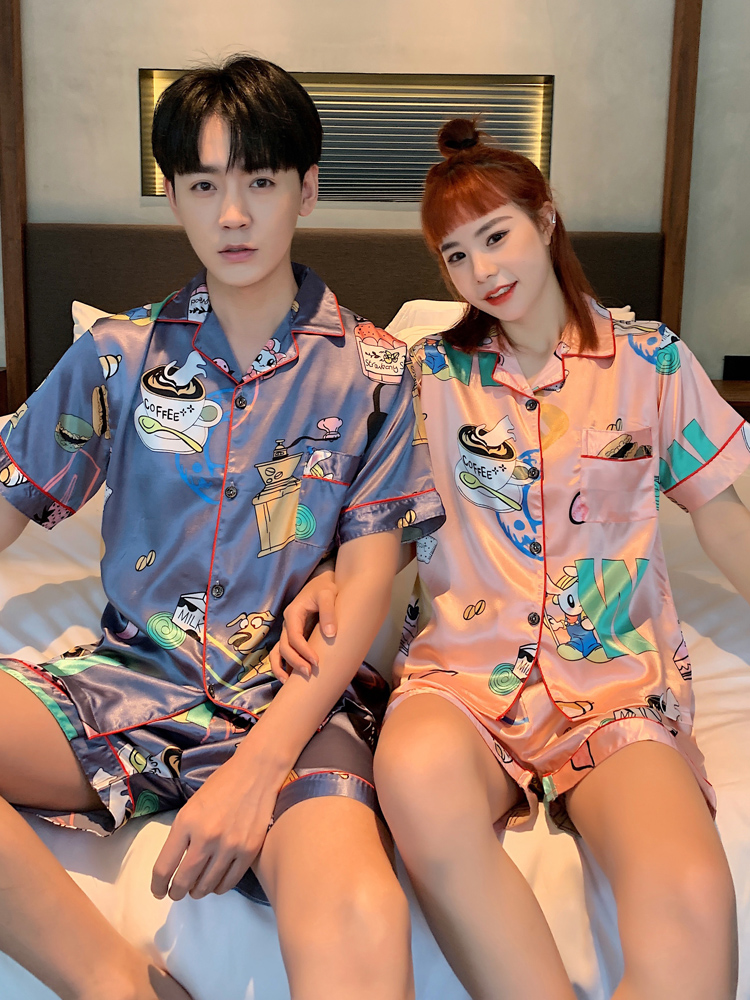 Couple pajamas women's summer ice silk short-sleeved shorts simulation silk summer thin section men's home clothes spring and autumn suit