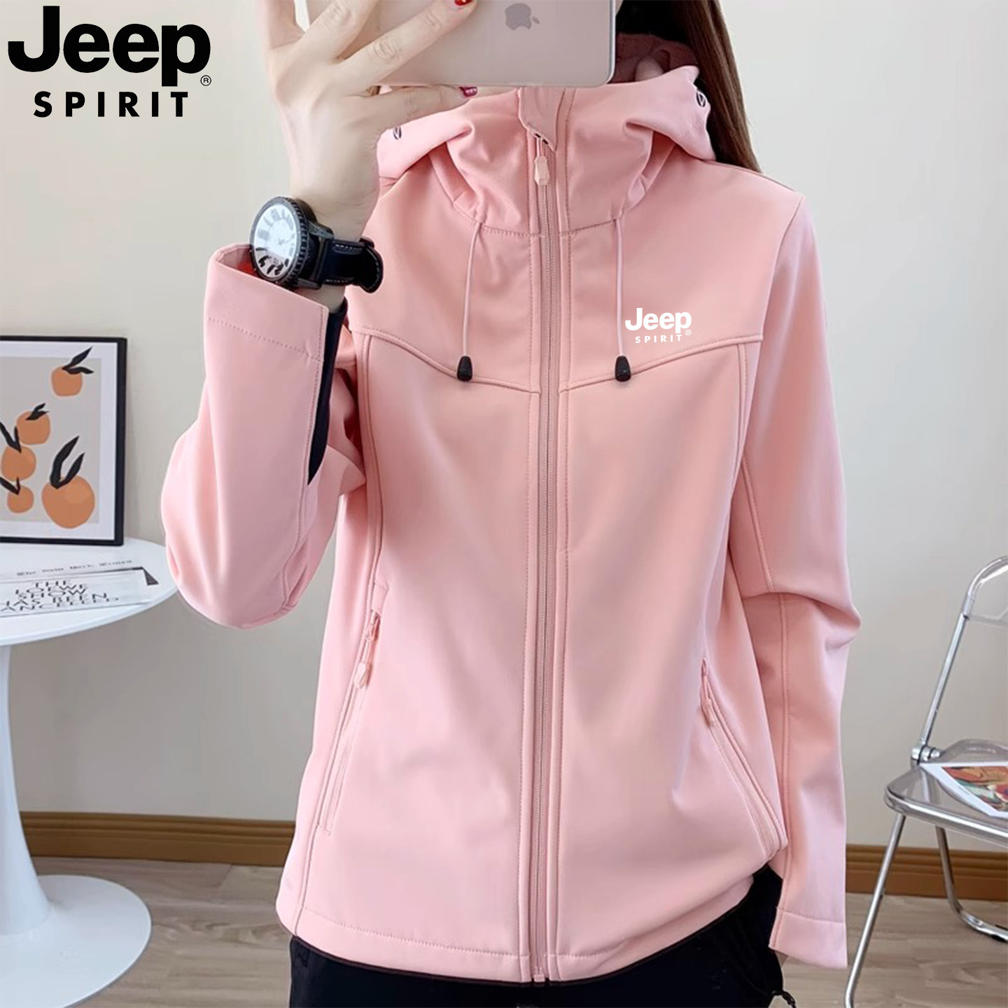Jeepのフード付きソフトシェルジャケット（女性用）、春秋新作、フリース裏地、防風、カジュアルスポーツウェア。