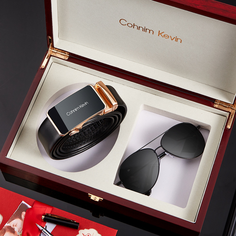 Cohnim Kevin Men's Leather Belt Sunglasses Set Leather Belt Tanabata Festival Gift For Boyfriend Husband