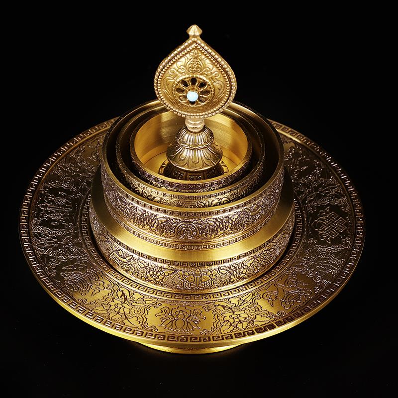 Tibetan Buddha Apparatus Seiko Pure Bronze Carved Flower for Buddha Eight Auspicious Repair Mandala Pan GemStone Tray 17cm