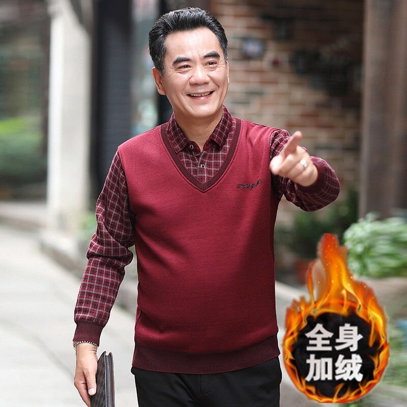 Rabbit year old red sweater winter old men's clothes plus red father clothes old man half high-collar thickening