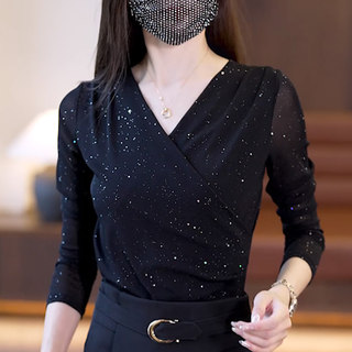 网纱黑色打底衫2025新款女秋季洋气长袖内搭气质V领上衣遮肚小衫