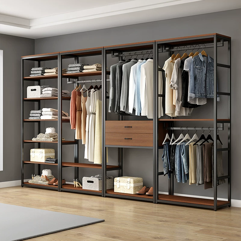 Вешалка для одежды в шкафу из цельного дерева типа step-in, полка cloakroom, металлическая железная под полкой, открытая - конец