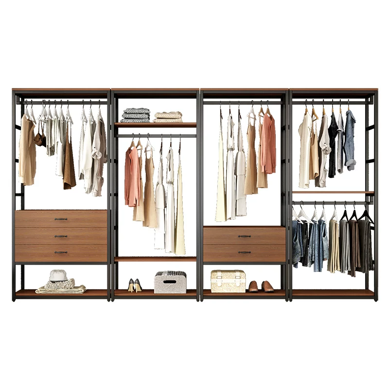 Вешалка для одежды в шкафу из цельного дерева типа step-in, полка cloakroom, металлическая железная под полкой, открытая - конец