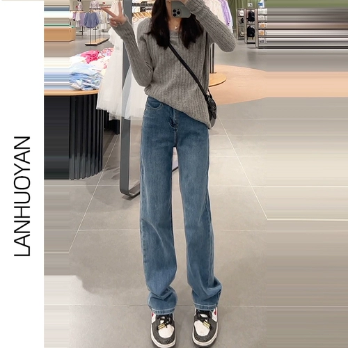 Ретро демисезонные прямые свободные джинсы, штаны, утепленные эластичные леггинсы, подходит для подростков, по фигуре, свободный крой