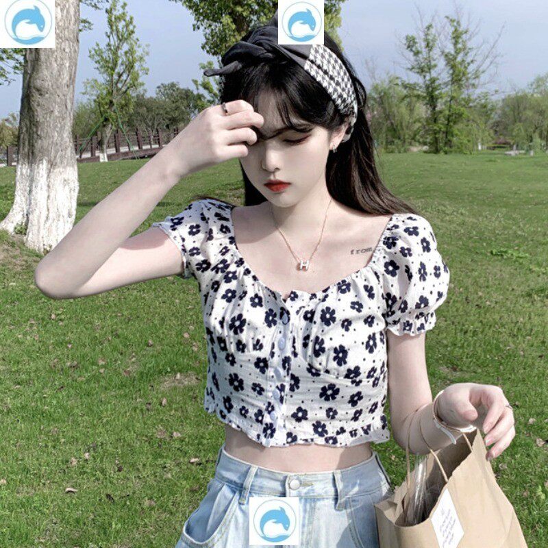 2020 summer new vintage Hong Kong flavor machine top ins wind high waist cropped short floral shirt woman