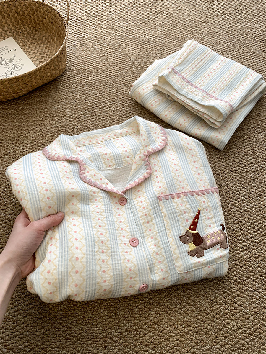 带胸垫月子服春秋季纯棉双层纱布吸汗孕妇产妇哺乳睡衣产后喂奶衣 — 3