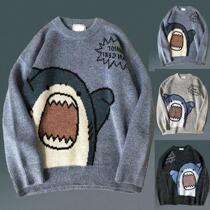 Women Men Sweater Cartoon Shark Print Round Neck All Match L
