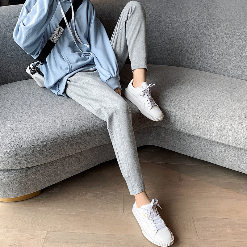 Sports pants woman loose bunches 2020 spring autumn new pure cotton display slim straight drum casual pants grey ins Chauvepants