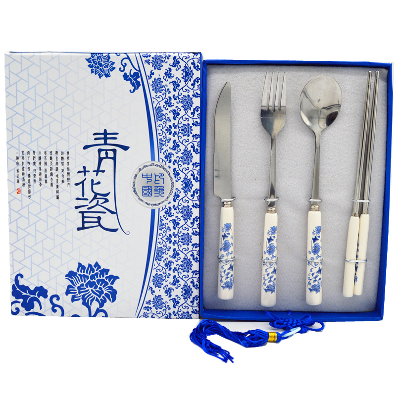 Cheng teacher blue and white porcelain tableware Chinese style elements spoon chopsticks knife and fork gifts to send foreigners special four-piece gift