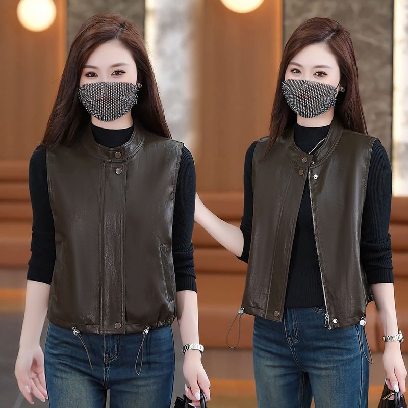 Vintage Leather Vest Jacket for Women, 2026 Autumn New Style, Stand Collar, Biker Style, Loose Fit, Casual Versatile Vest Vintage Leather Vest Jacket for Women, 2026 Autumn New Style, Stand Collar, Biker Style, Loose Fit, Casual Versatile Vest