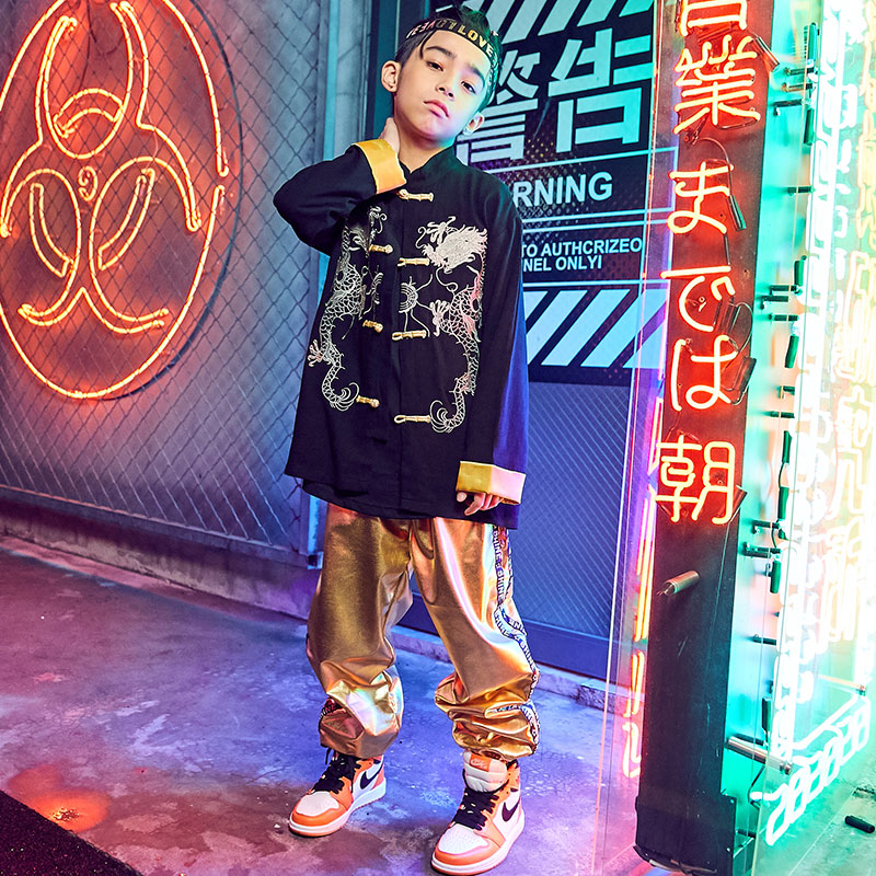 Hip-hop boy hip-hop suit Chinese style embroidery long-sleeved hiphop toddler hip-hop costume children's performance tide costume