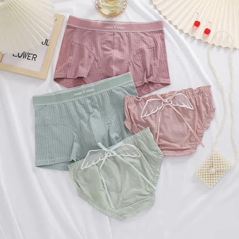 Autumn and winter couple underwear pure cotton mid-waist thread men's boxer wings girls briefs for Valentine's Day gift