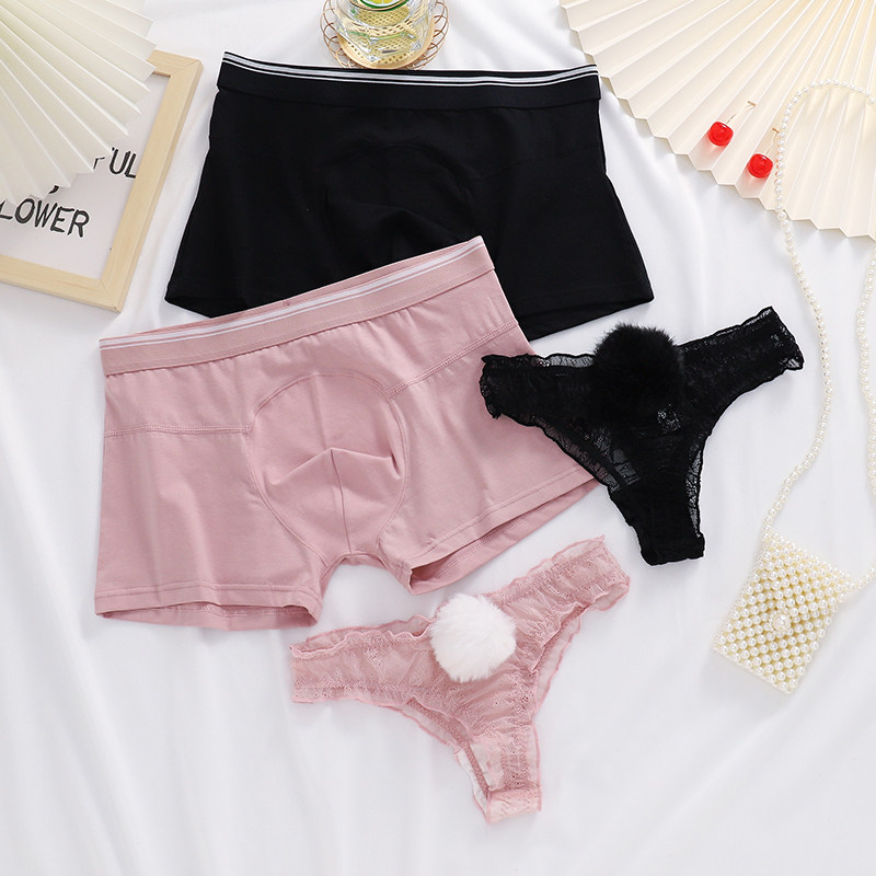 New couple underwear black lace sexy maid hair ball thong transparent free couple underwear set