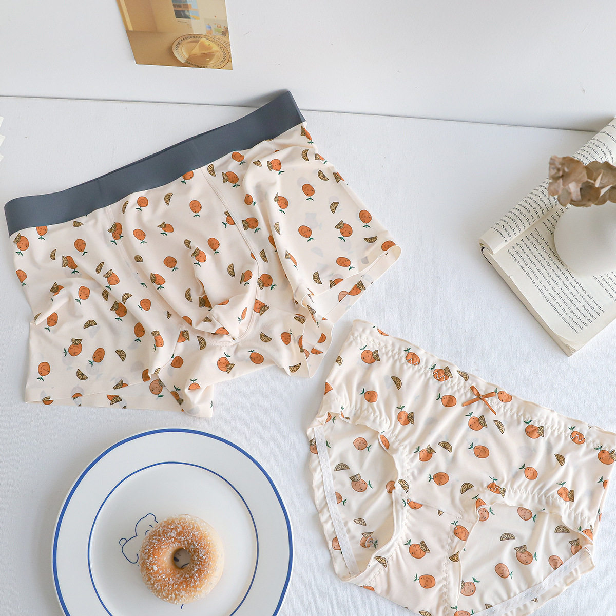 sweet ice silk orange print mid-waist couple underwear couple models light luxury wormwood antibacterial file large size suit