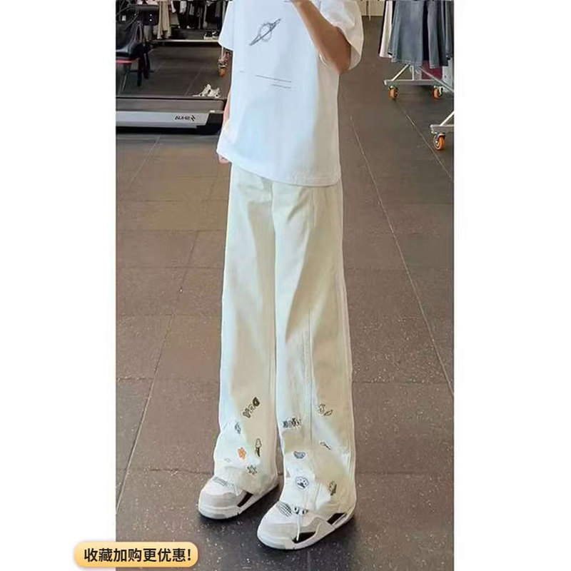American Vibe White Pants Men's Thin Jeans New Cartoon Embroidery Slim Straight-Leg Flared Pants American Vibe White Pants Men's Thin Jeans New Cartoon Embroidery Slim Straight-Leg Flared Pants