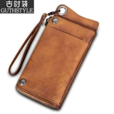 Ретро кожаный бумажник, длинная сумка через плечо с молнией, воловья кожа, из натуральной кожи, японские и корейские