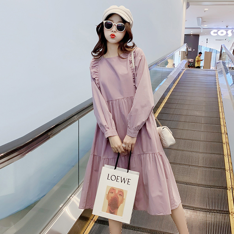 Maternity spring large size loose long-sleeved knee-length dress 2021 new Korean version of the small fresh long version a-line skirt