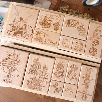 Two raccoons, "Time Circus", solid wood beech journal, decorative seal, stamp, tape, collage, crystal clip