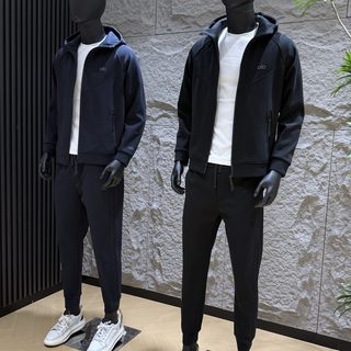 秋冬加绒加厚跑步连帽休闲运动外套卫裤两件套男士时尚运动套装