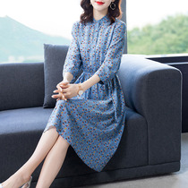 Blue printed mid-length skirt floral 100% mulberry silk silk dress summer comfortable breathable elegant temperament womens clothing