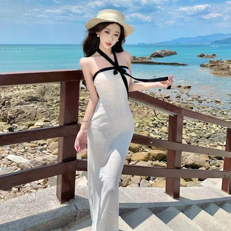 White and Black Color-Blocking Strapless Dress, New Summer Style, Retro Sexy Temperament, Slim Fit, Bodycon Long Dress