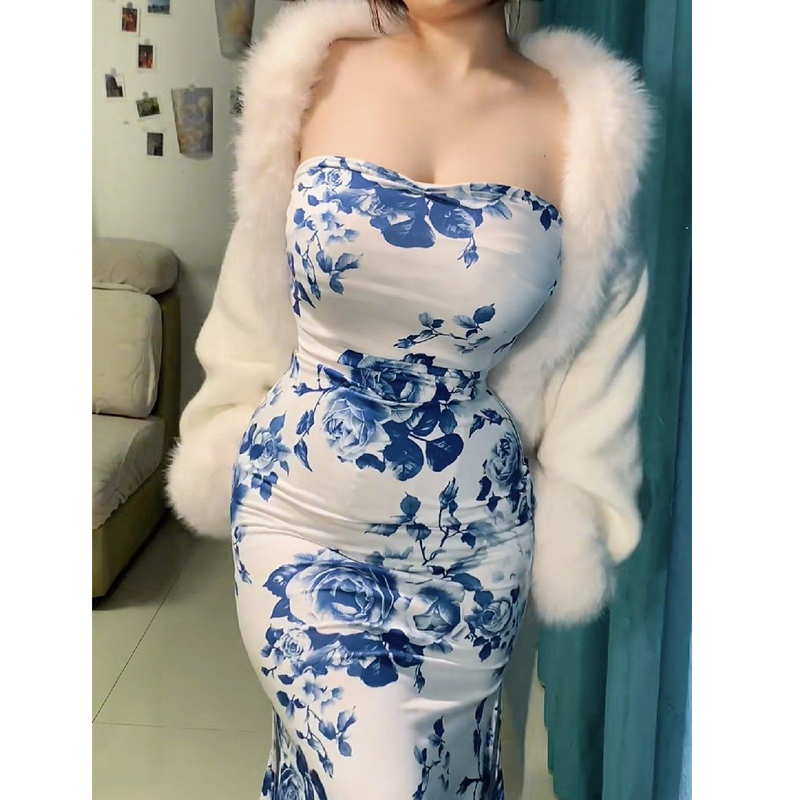 Elegant Slim-Fit Recommended Dress That Flatters the Figure, Printed Base Dress, Holiday Peony Floral Chinese Style Blue and White Porcelain Dress Elegant Slim-Fit Recommended Dress That Flatters the Figure, Printed Base Dress, Holiday Peony Floral Chinese Style Blue and White Porcelain Dress